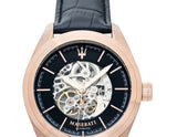 Maserati Traguardo Automatic Black Skeleton Dial Black Leather Strap Watch For Men - R8821112001