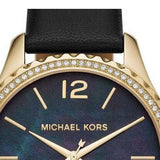 Michael Kors Layton Three Hand Mother of Pearl Black Dial Black Leather Strap Watch For Women - MK2911