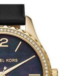 Michael Kors Layton Three Hand Mother of Pearl Black Dial Black Leather Strap Watch For Women - MK2911