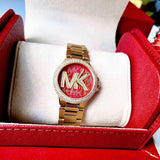 Michael Kors Camille Analog Red Dial Gold Steel Strap Watch For Women - MK7196