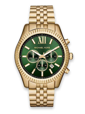 Michael Kors Lexington Chronograph Green Dial Gold Steel Strap Watch for Men - MK8446