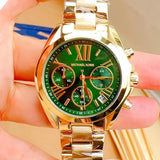 Michael Kors Bradshaw Chronograph Green Dial Gold Steel Strap Watch For Women - MK7257