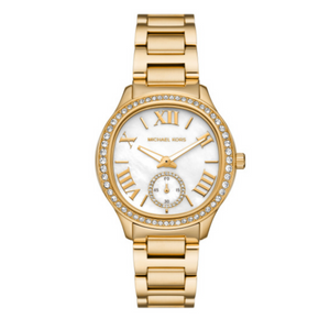 Michael Kors Sage Three-Hand Mother of Pearl White Dial Gold Steel Strap Watch for Women - MK4805