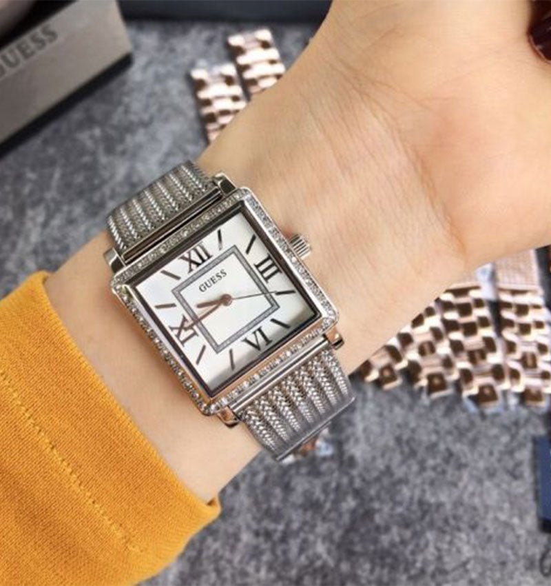 Guess Highline White Dial Silver Mesh Bracelet Watch For Women - W0826L1