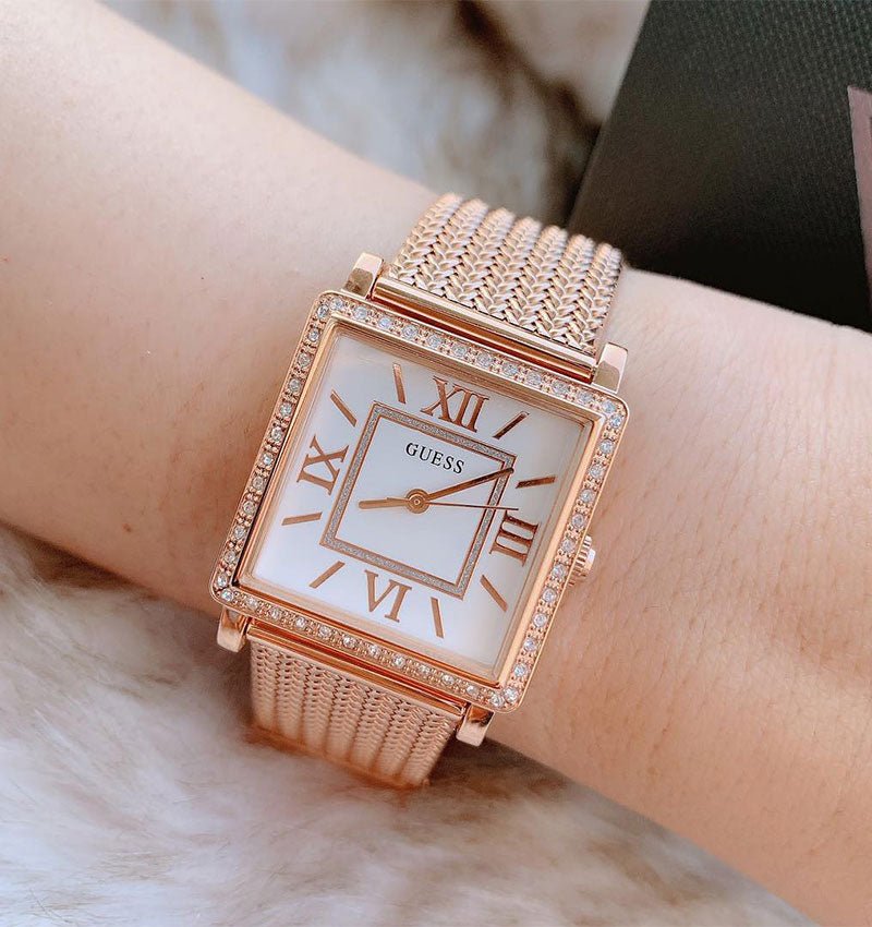 Guess Highline Off White Dial Rose Gold Stainless Steel Mesh Strap Watch For Women - W0826L3