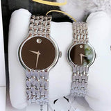 Movado watches 0606337 & 0606338, silver bracelets, brown faces.