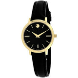 Movado Ultra Slim Black Dial Black Leather Strap Watch For Women -  0607095