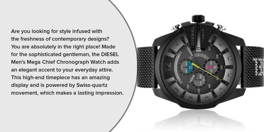 Diesel Mega Chief Chronograph Black Dial Black Mesh Bracelet Watch For Men - DZ4514