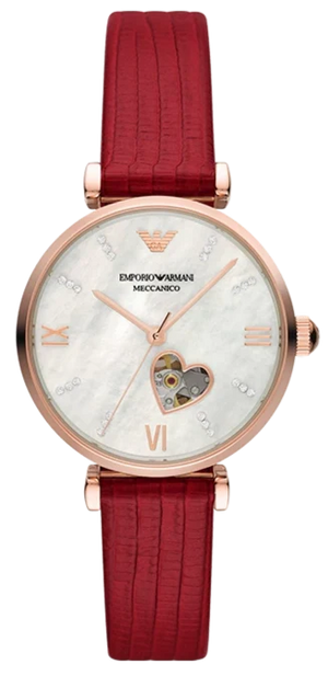 Emporio Armani Gianni T-Bar Mother of Pearl White Dial Red Leather Strap Watch For Women - AR60048