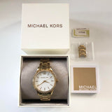 Michael Kors Layton Three Hand Mother of Pearl White Dial Gold Steel Strap Watch For Women - MK6870