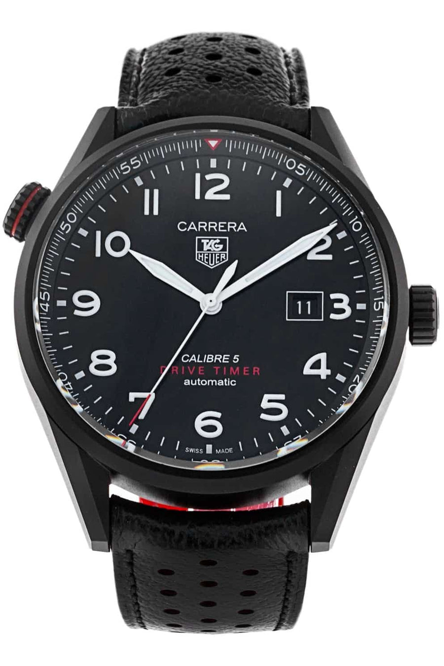 Tag Heuer Carrera Calibre 5 Drive Timer Black Dial Black Leather Strap Watch for Men - WAR2A80.FC6337