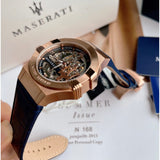 Maserati Automatic Skeleton Dial Rose Gold Blue Leather Strap Watch For Men - R8821108022