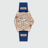 Guess Queen Quartz Crystals Rose Gold Dial Blue Silicone Strap Watch For Women - GW0536L5