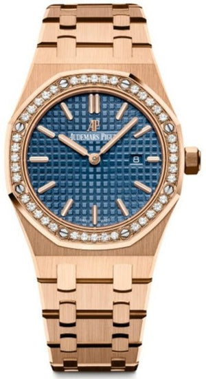 Audemars Piguet Royal Oak Quartz Diamonds Blue Dial Rose Gold Steel Strap Watch for Women - 67651OR.ZZ.1261OR.02