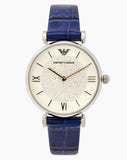 Emporio Armani Gianni T Bar Quartz Crystals Silver Dial Blue Leather Strap Watch For Women - AR11344