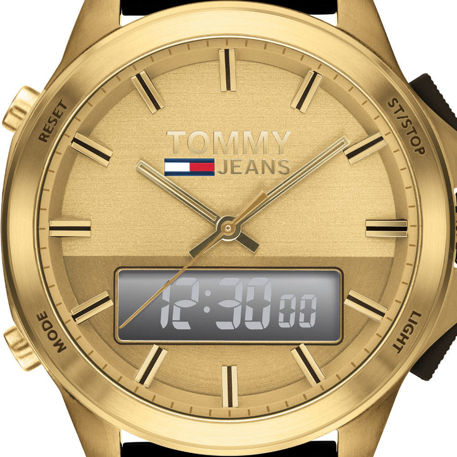Tommy Hilfiger Jeans Digital Analog Gold Dial Black Rubber Strap Watch For Women  - 1791762
