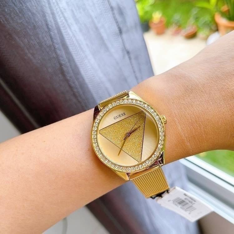 Guess Tri Glitz Quartz Diamonds Gold Dial Gold Mesh Bracelet Watch For Women - W1142L2