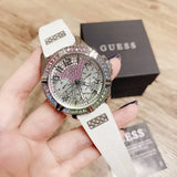 Guess Frontier Diamonds Silver Dial White Rubber Strap Watch for Women - GW0045L1