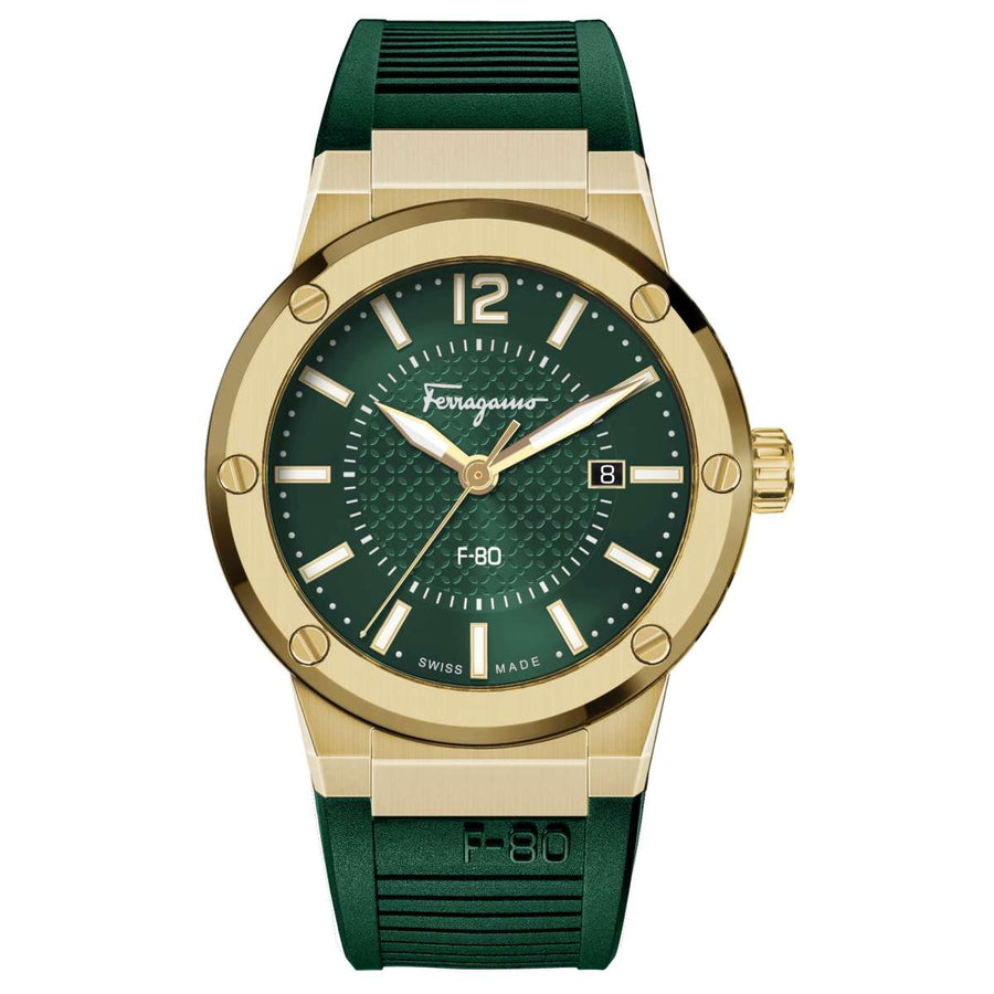 Salvatore Ferragamo F-80 Classic Green Dial Green Rubber Strap Watch for Men - SFHY02022