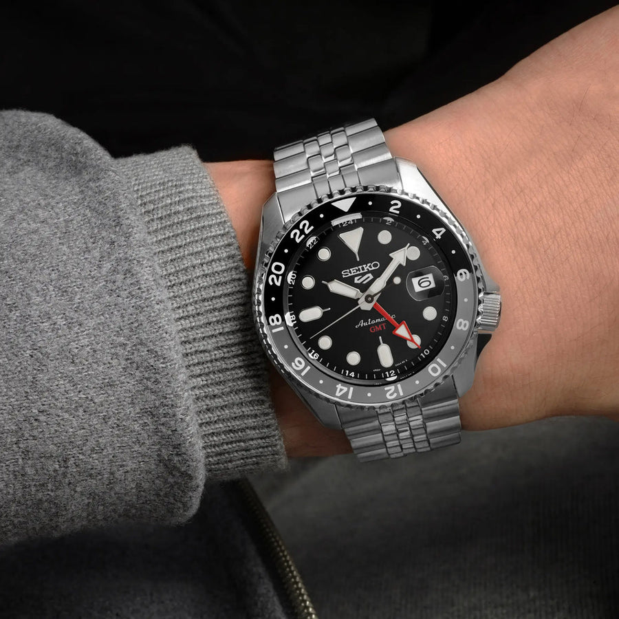 Seiko 5 Sports Automatic GMT Black Dial Silver Steel Strap Watch For Men - SSK001K1