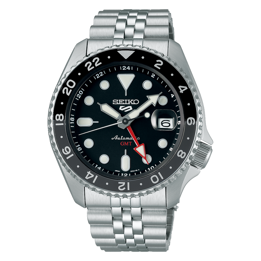 Seiko 5 Sports Automatic GMT Black Dial Silver Steel Strap Watch For Men - SSK001K1
