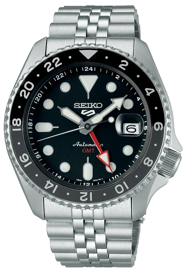 Seiko 5 Sports Automatic GMT Black Dial Silver Steel Strap Watch For Men - SSK001K1