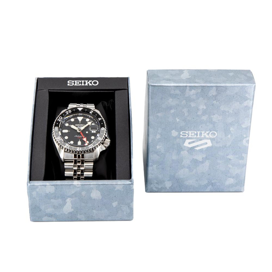 Seiko 5 Sports Automatic GMT Black Dial Silver Steel Strap Watch For Men - SSK001K1