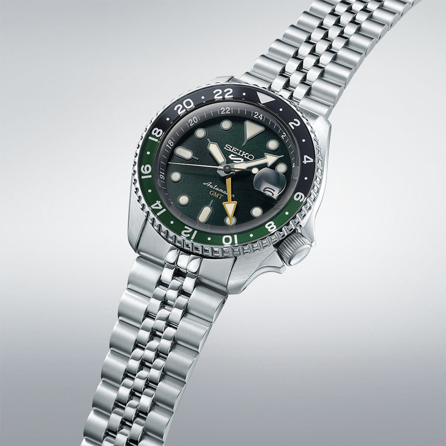 Seiko 5 Sports SKX GMT Automatic Green Dial Silver Steel Strap Watch For Men - SSK035K1
