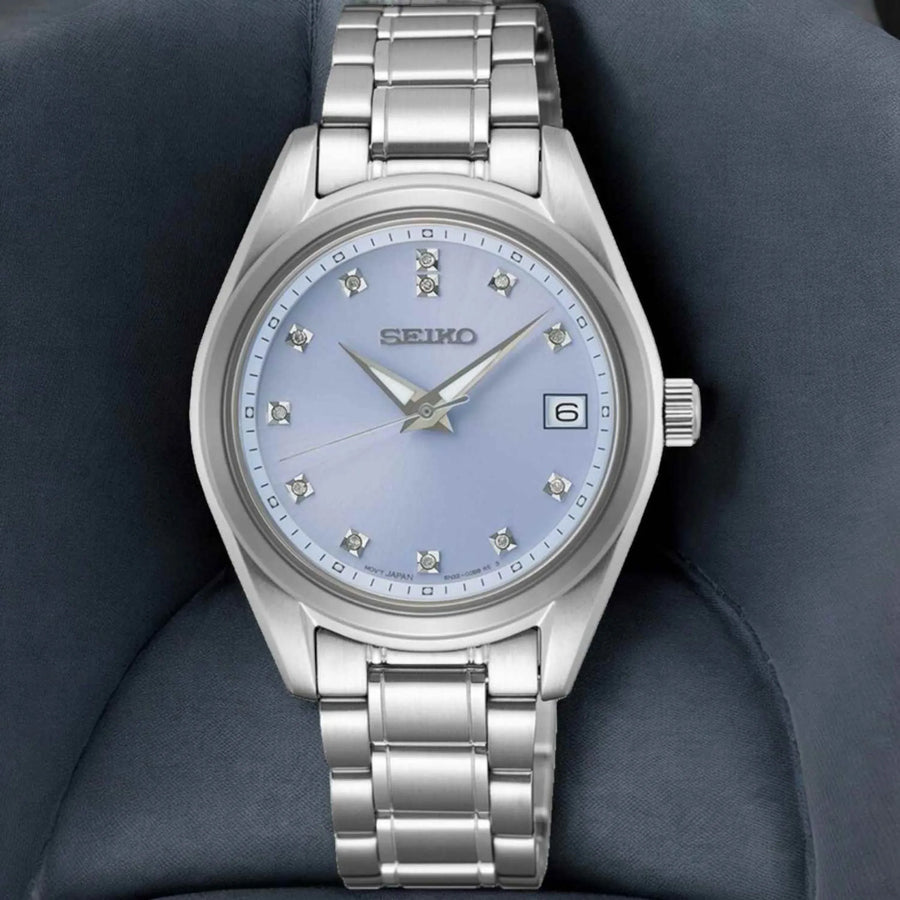 Seiko Diamond Blue Dial Silver Steel Strap Watch for Women - SUR581P1
