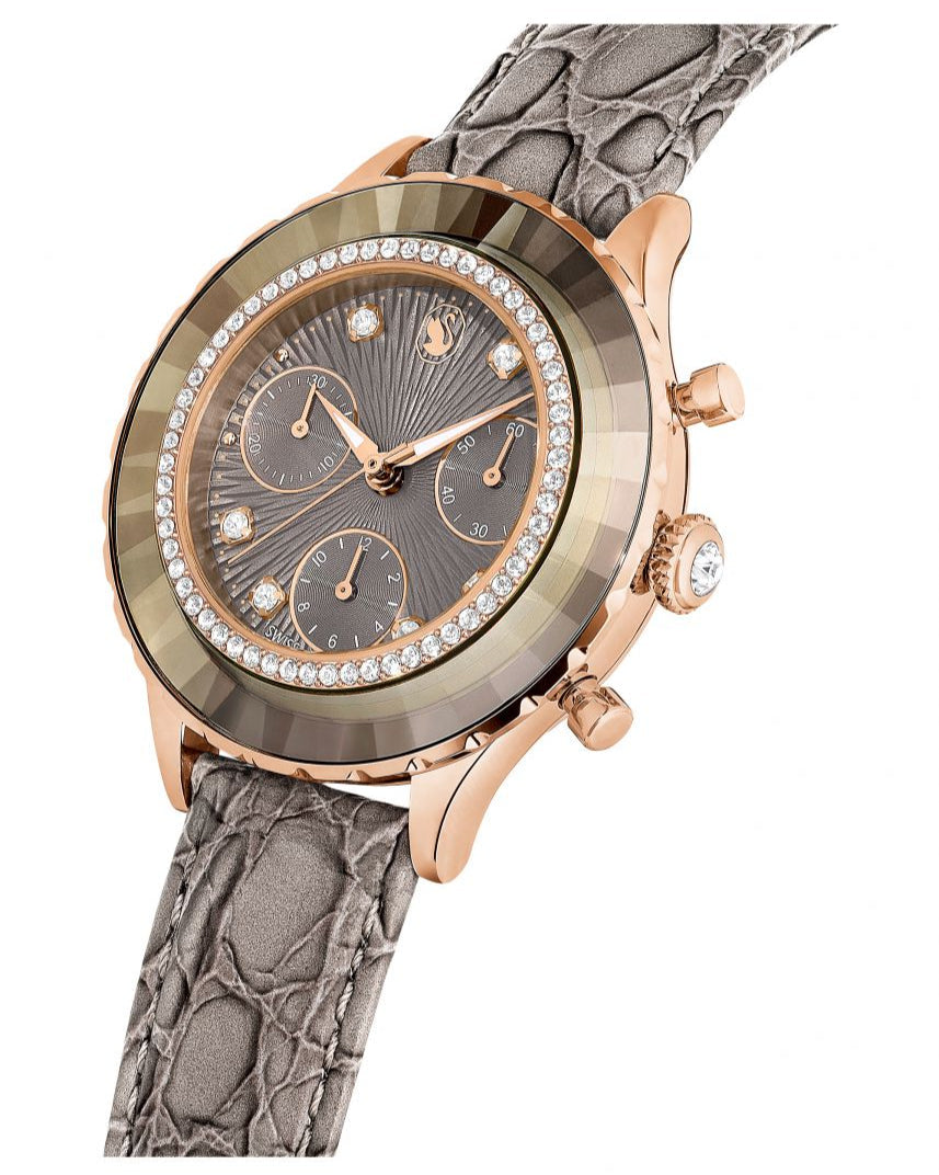 Swarovski Octea Chrono Grey Dial Grey Leather Strap Watch for Women - 5671153
