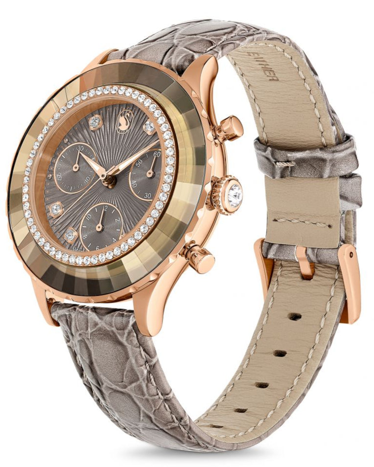 Swarovski Octea Chrono Grey Dial Grey Leather Strap Watch for Women - 5671153