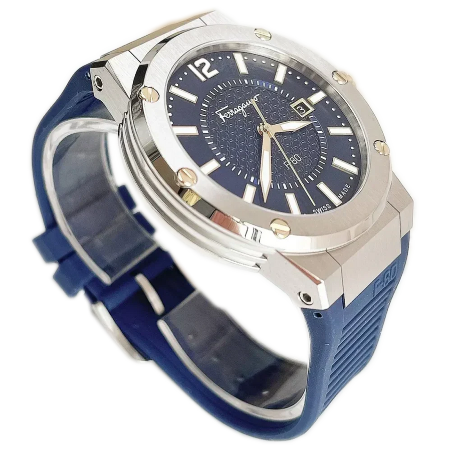 Salvatore Ferragamo F-80 Blue Dial Blue Rubber Strap Watch For Men - SFHY01022