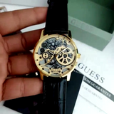 Guess Gadget Gold Dial Black Leather Strap Watch for Men - GW0570G1