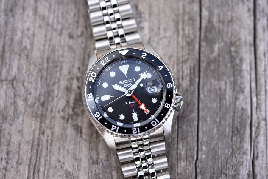 Seiko 5 Sports Automatic GMT Black Dial Silver Steel Strap Watch For Men - SSK001K1