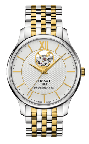 Tissot Tradition Powermatic 80 Open Heart Silver Dial Two Tone Steel Strap Watch For Men - T063.907.22.038.00