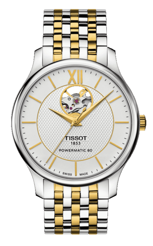 Tissot Tradition Powermatic 80 Open Heart Silver Dial Two Tone Steel Strap Watch For Men - T063.907.22.038.00