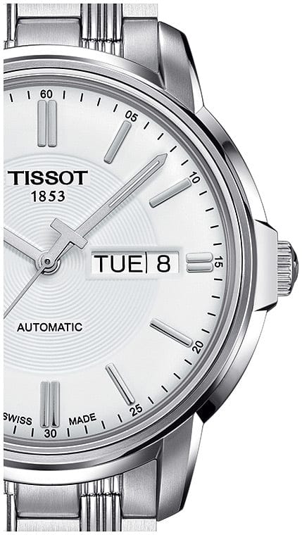 Tissot Automatics III Day Date White Dial Silver Steel Strap Watch For Men - T065.430.11.031.00