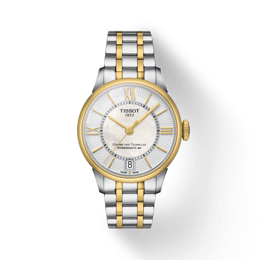 Tissot Chemin Des Tourelles Powermatic 80 Lady Mother of Pearl White Dial Two Tone Steel Strap Watch For Women - T099.207.22.118.00