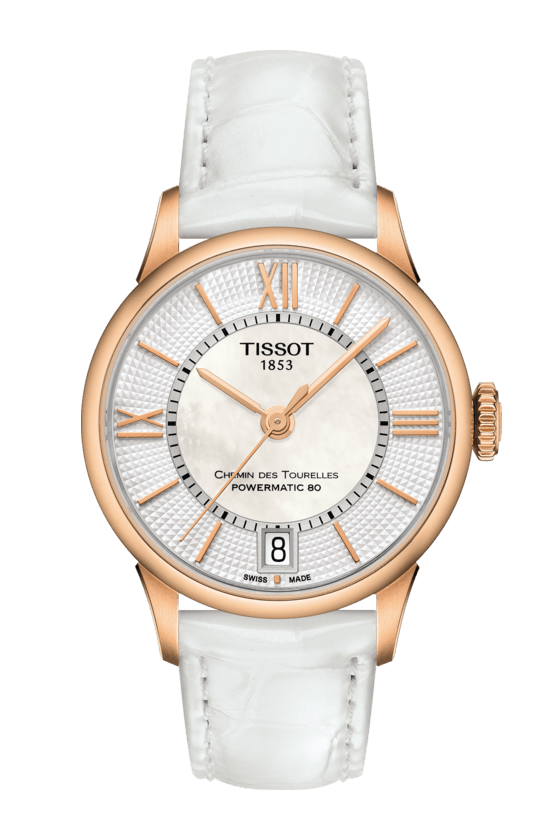 Tissot Chemin Des Tourelles Powermatic 80 Lady Silver Dial White Leather Strap Watch For Women - T099.207.36.118.00