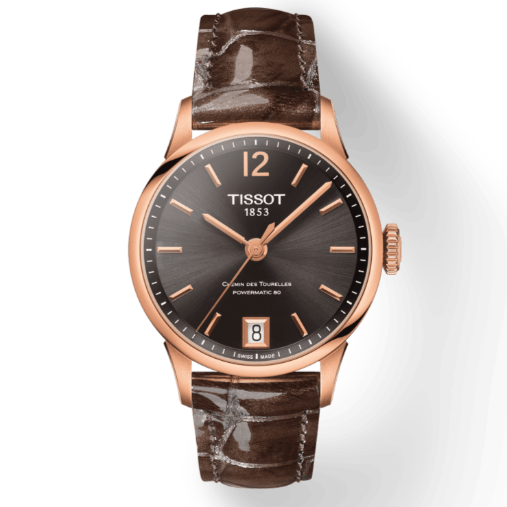 Tissot Chemin Des Tourelles Powermatic 80 Lady Brown Dial Brown Leather Strap Watch For Women - T099.207.36.447.00