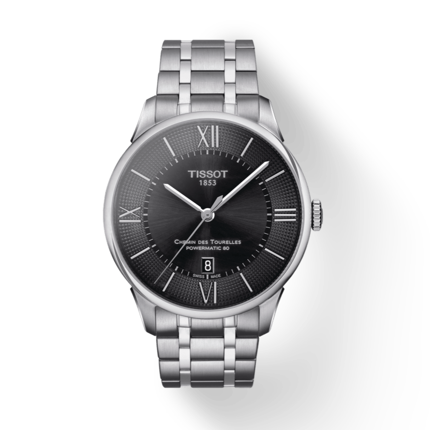 Tissot Chemin Des Tourelles Powermatic 80 Black Dial Silver Steel Strap Watch For Men - T099.407.11.058.00