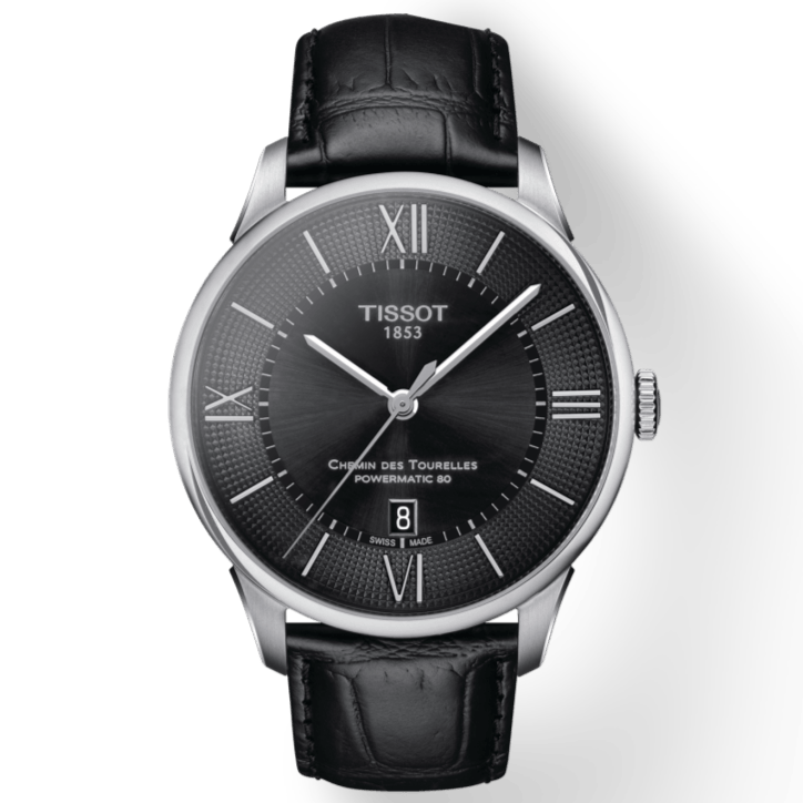 Tissot Chemin Des Tourelles Powermatic 80 Black Dial Black Leather Strap Watch For Men - T099.407.16.058.00
