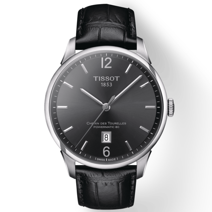 Tissot Chemin Des Tourelles Powermatic 80 Black Dial Black Leather Strap Watch For Men - T099.407.16.447.00