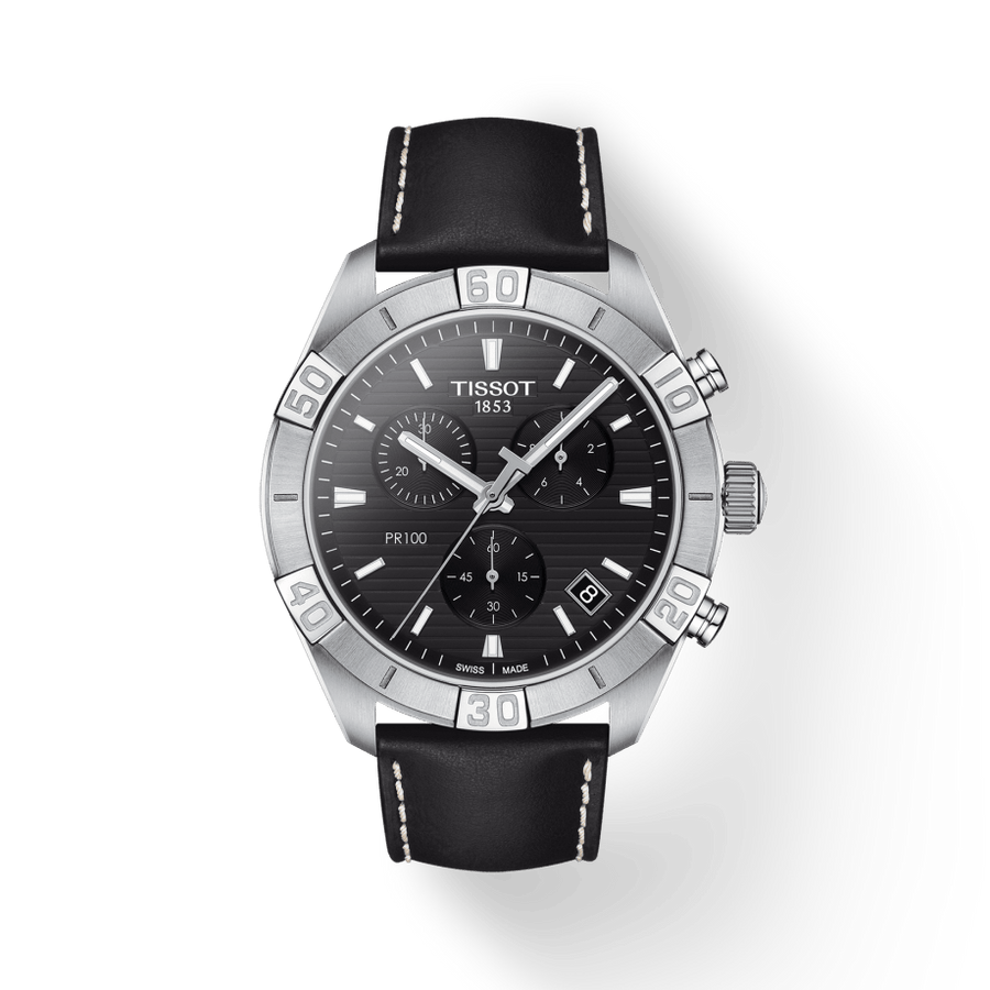 Tissot PR 100 Sport Quartz Chronograph Black Dial Black Leather Strap Watch For Men - T101.617.16.051.00