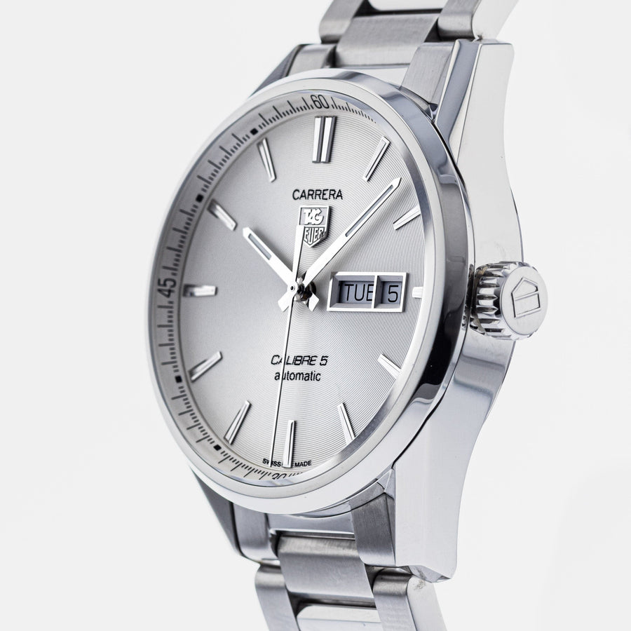 Tag Heuer Carrera Calibre 5 Automatic White Dial Silver Steel Strap Watch for Men - WAR201B.BA0723