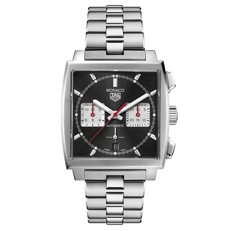 Tag Heuer Monaco Automatic Chronograph Black Dial Silver Steel Strap Watch for Men - CBL2113.BA0644
