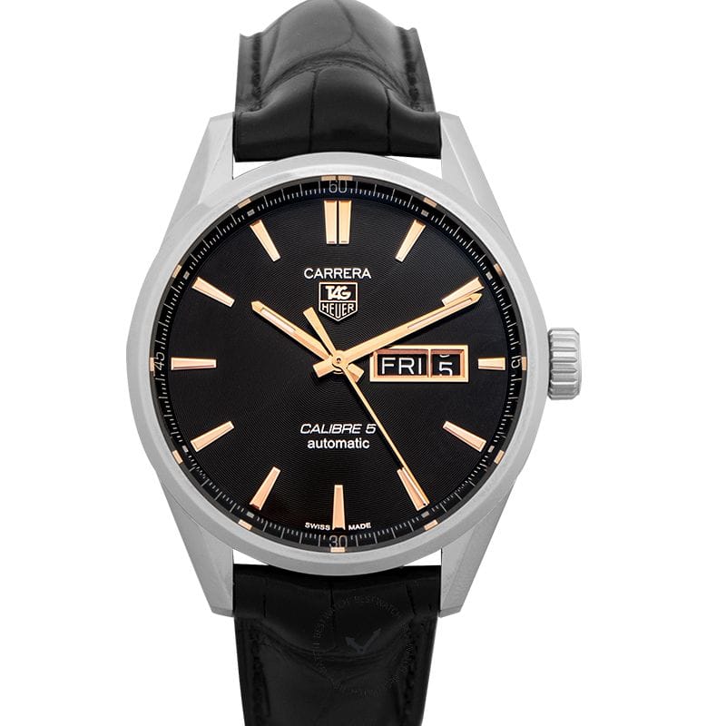 Tag Heuer Carrera Calibre 5 Automatic Black Dial Black Leather Strap Watch for Men - WAR201C.FC6266