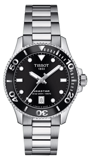 Tissot Seastar 1000 Lady Quartz Black Dial Silver Steel Strap Watch for Women - T120.210.11.051.00