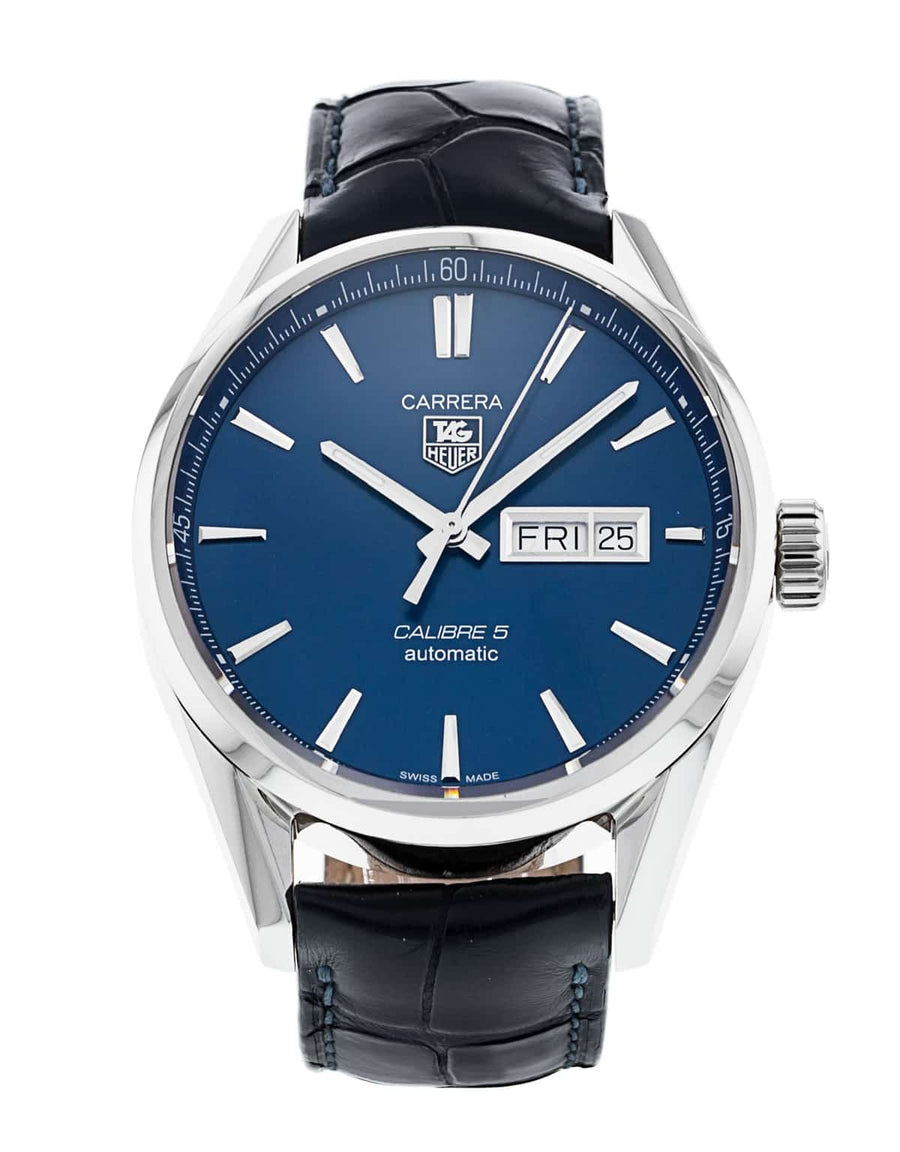 Tag Heuer Carrera Calibre 5 Automatic Blue Dial Blue Leather Strap Watch for Men - WAR201E.FC6292