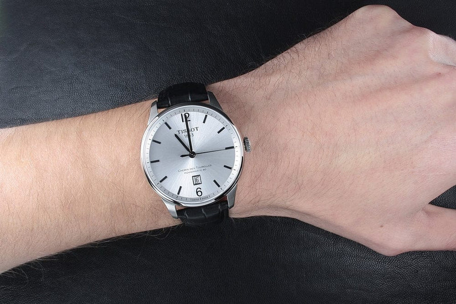 Tissot Chemin Des Tourelles Powermatic 80 Silver Dial Black Leather Strap Watch For Men - T099.407.16.037.00